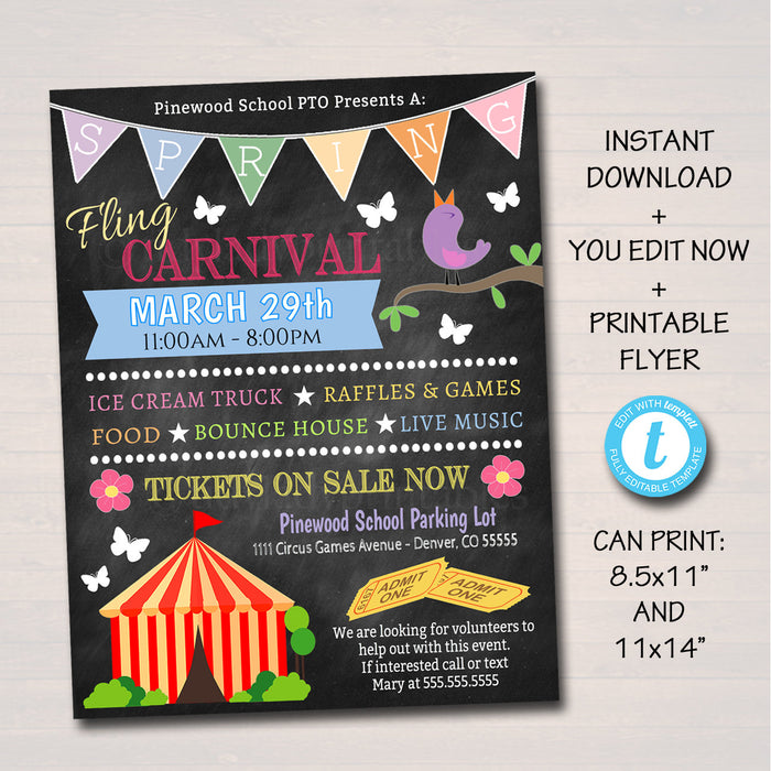 Spring Carnival Flyer, Printable PTA PTO Flyer, School Church Benefit Fundraiser Event Poster, Spring Fling Printable Invitation