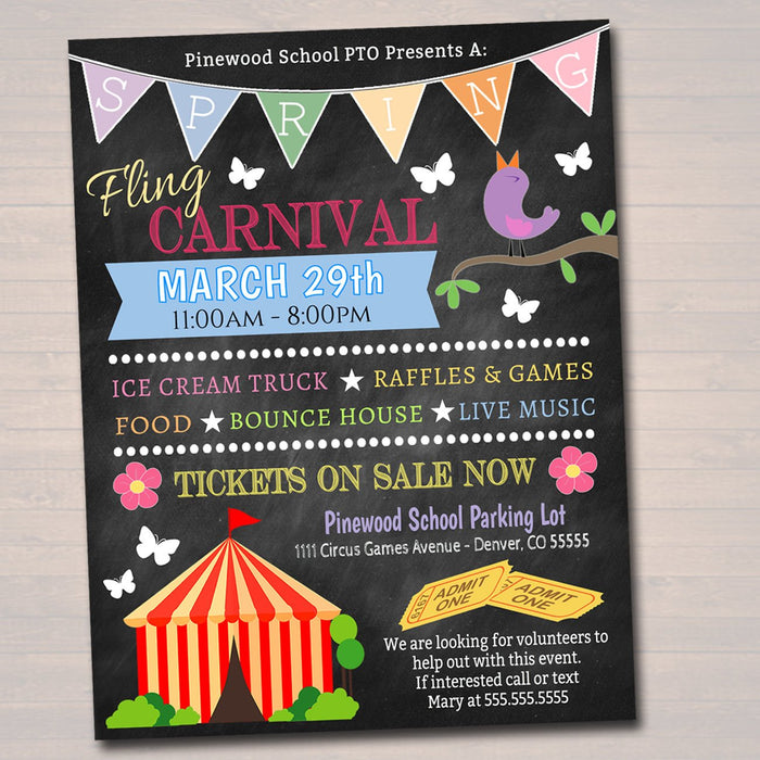 Spring Carnival Flyer, Printable PTA PTO Flyer, School Church Benefit Fundraiser Event Poster, Spring Fling Printable Invitation