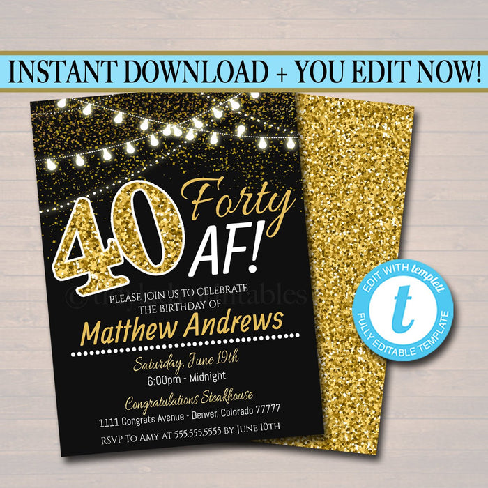 40th Birthday Invite, 40th Birthday, 40th Bday, Forty Af, Faux Gold Glitter, Party Lights 40 Fabulous Invitation