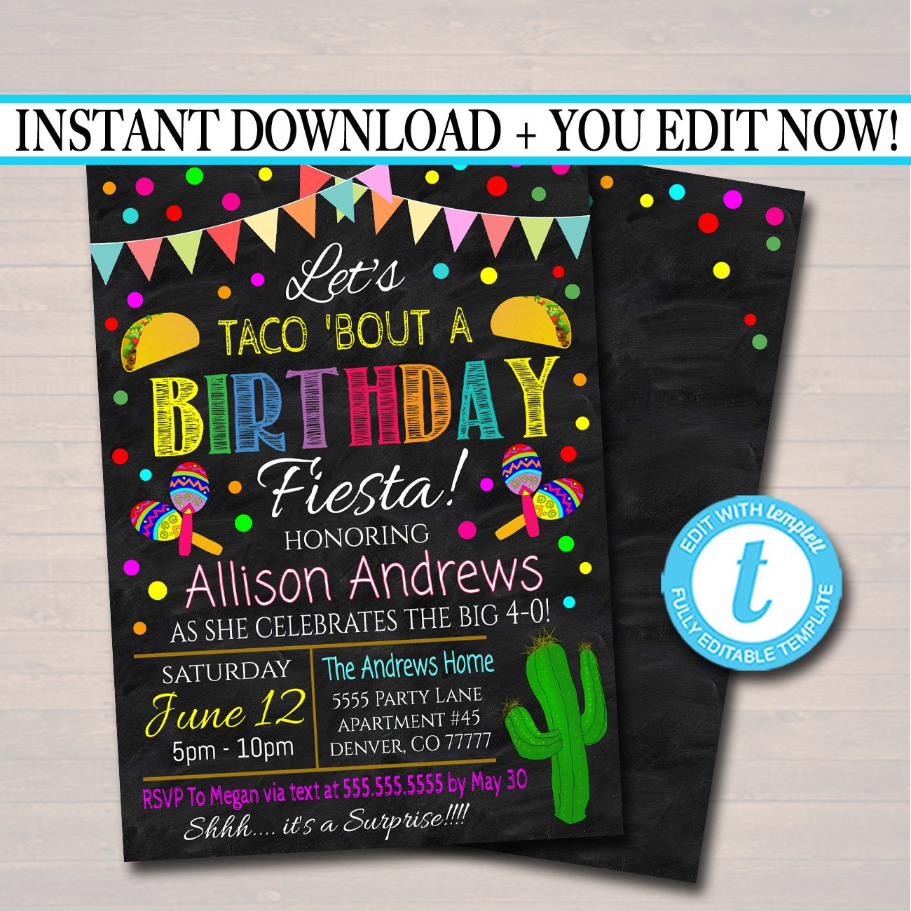 Let's Taco Bout A Birthday Fiesta Invitation Chalkboard Printable Adul — TidyLady Printables for Free Printable Fiesta Invitation Template