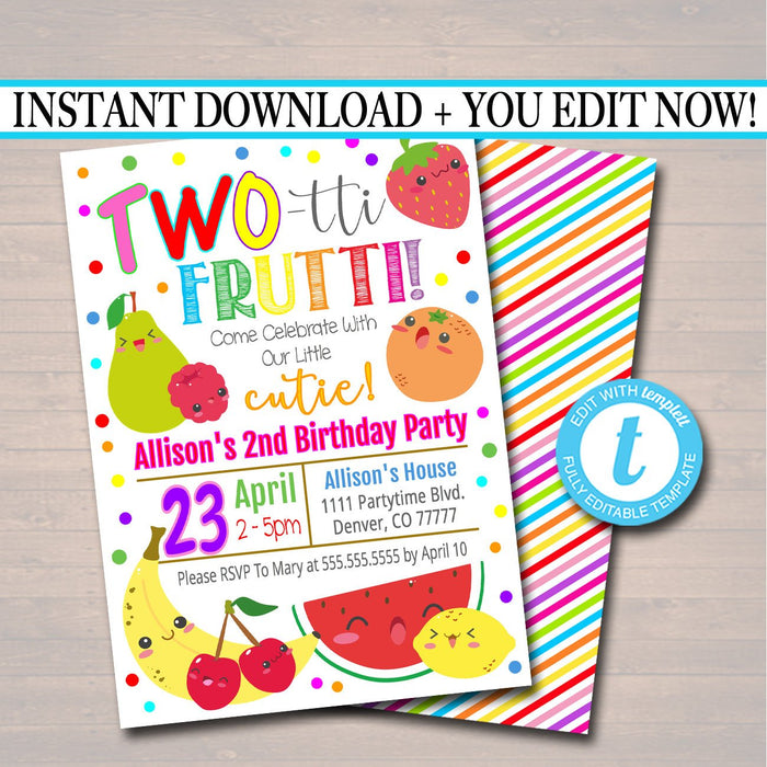 EDITABLE Two-tti Frutti Party Birthday Invitation, Girls Toddler 2 Year Old Party Digital Invite, Tutti Fruti Summer Party, INSTANT DOWNLOAD