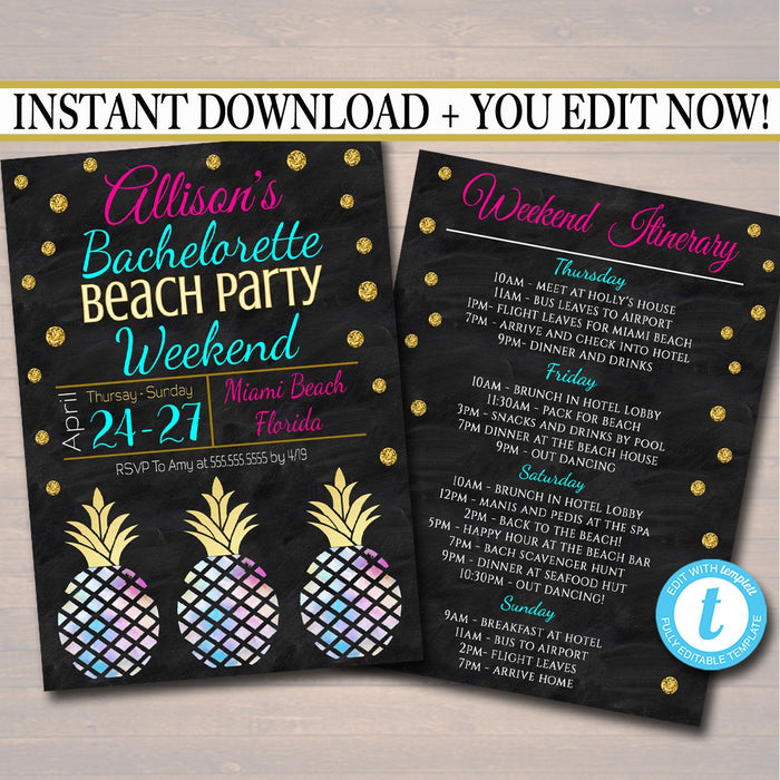 Beach Party Bachelorette Party Invitation, Glitter Gold, Watercolor Pineapple Boho Chic, Girls Weekend Itinerary