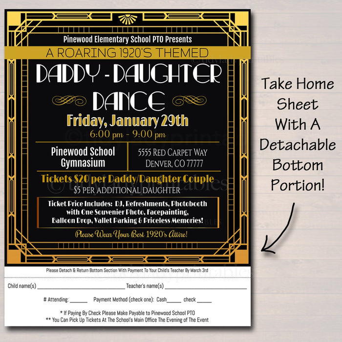 Daddy Daughter Dance Set School Dance Flyer Invitation Roaring 1920's Gatsby Style Church Community Event pto, pta