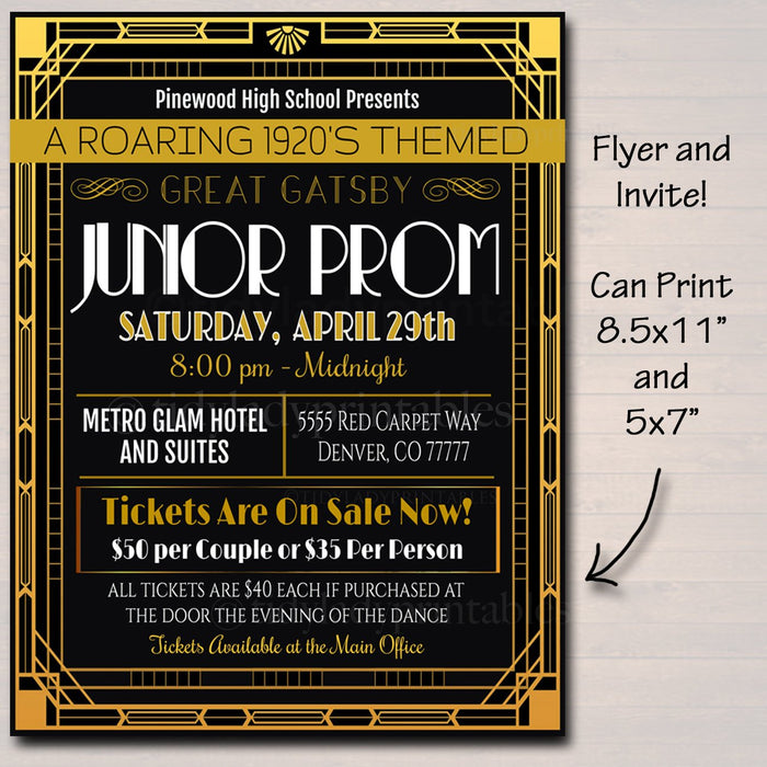 Prom Set, School Dance Flyer Invitation, Ticket Roaring 1920's Great Gatsby Themed High School Event, pto, pta