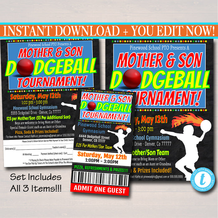 Mother And Son Dodgeball Tournament Flyer & Ticket Set - Editable Template