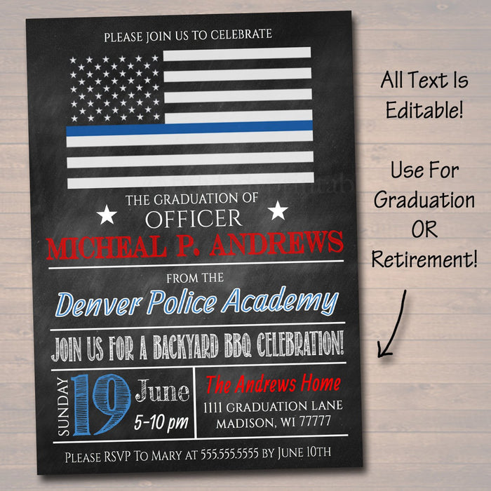 Police Academy Graduation Invitation Chalkboard Printable  College Grad Invite, Retirement Party, Cop Detective BBQ Invite