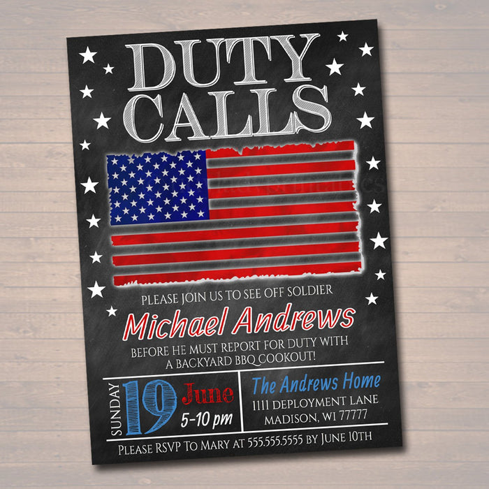 Duty Calls Deployment Invitation Chalkboard Printable  US Army, Soldier Invite, Retirement Party, American Flag BBQ Invite