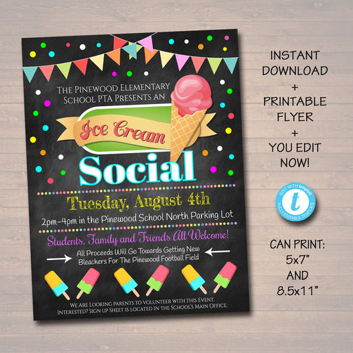 EDITABLE Ice Cream Social Invite Teacher Appreciation Chalkboard Printable Appreciation Week Ice Cream Party Flyer, pta pto INSTANT DOWNLOAD