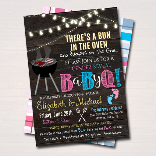 EDITABLE Gender Reveal Baby-Q BBQ Picnic Invitation, Baby Sprinkle, Couples Shower Grill Out Celebration, There's a Bun in The Oven Invite