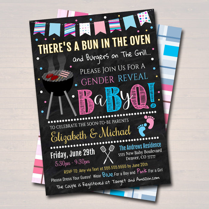 EDITABLE Gender Reveal Baby-Q BBQ Picnic Invitation, Baby Sprinkle, Couples Shower Grill Out Celebration, There's a Bun in The Oven Invite