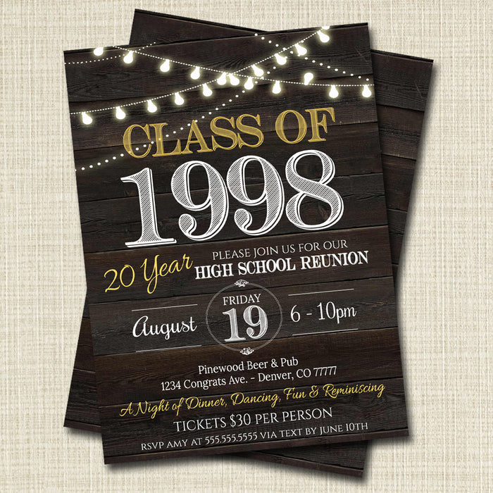 Reunion Invitation Template - Any Year!  College Reunion High School Reunion Party Lights Faux rustic wood invite