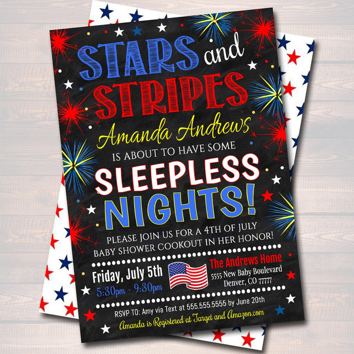 Fourth of July Party, Red White Baby-Q BBQ Picnic Invitation, Baby Sprinkle, Stars Stripes and Sleepless Nights, 4th of July Shower