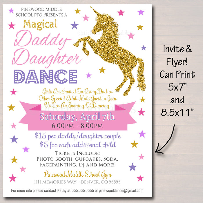 Unicorn Daddy Daughter Dance Set, Magical School Dance Flyer Party Invitation, Church Community Event, pto, pta,