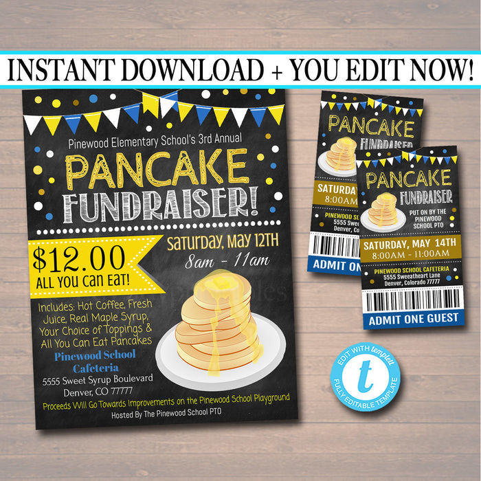 Pancake Breakfast Fundraiser Flyer Ticket Set - Editable Template