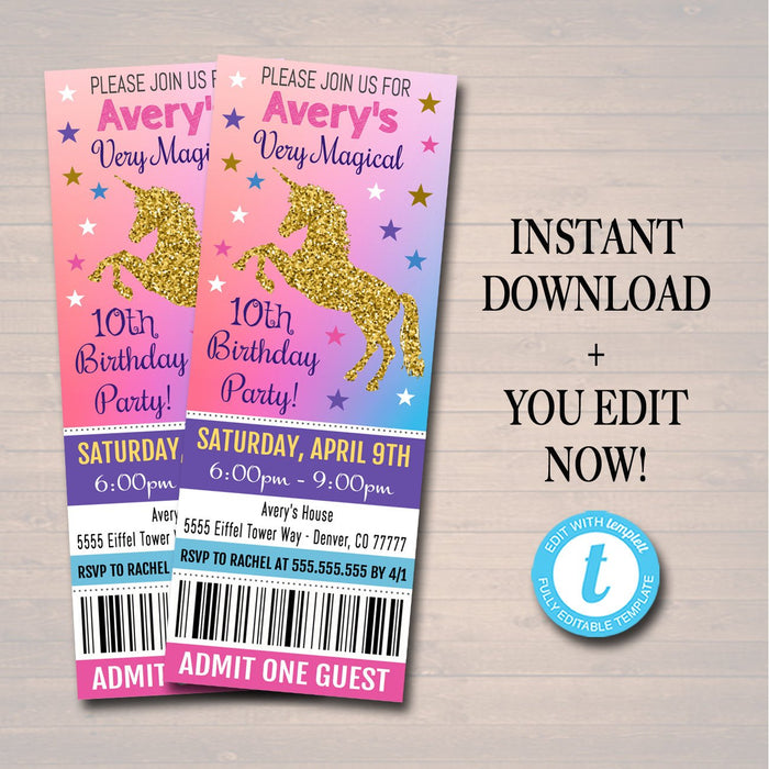 EDITABLE Unicorn Girl's Birthday Ticket Invitation, Magical Unicorn Cotton Candy Rainbow Party Invite Tween Party Invite INSTANT DOWNLOAD