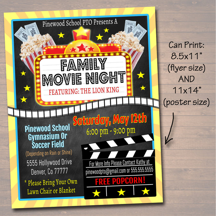 Movie Night Flyer - School Church Benefit Fundraiser Event Poster - DIY Editable Template
