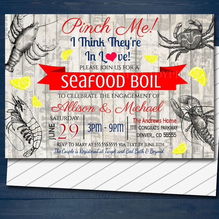 Seafood Boil Invitation, Low Country Engagement Party, Wedding Couples Shower BBQ, Shrimp Crawfish Crab, Barbecue Nautical Invite