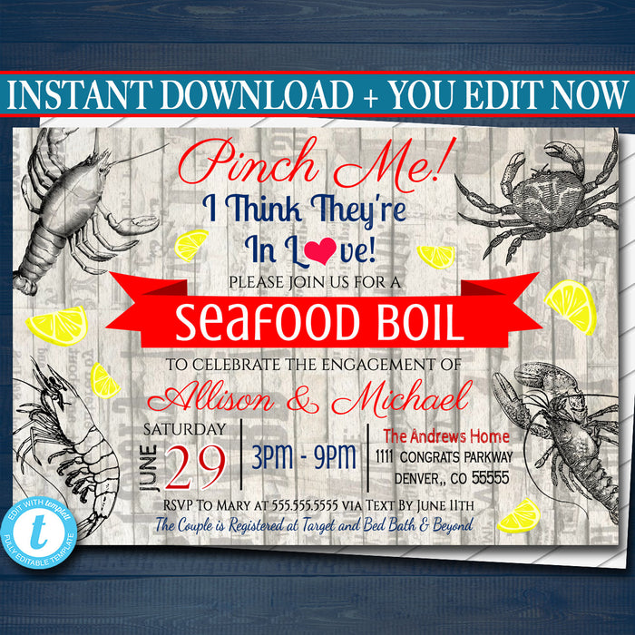 Seafood Boil Invitation, Low Country Engagement Party, Wedding Couples Shower BBQ, Shrimp Crawfish Crab, Barbecue Nautical Invite
