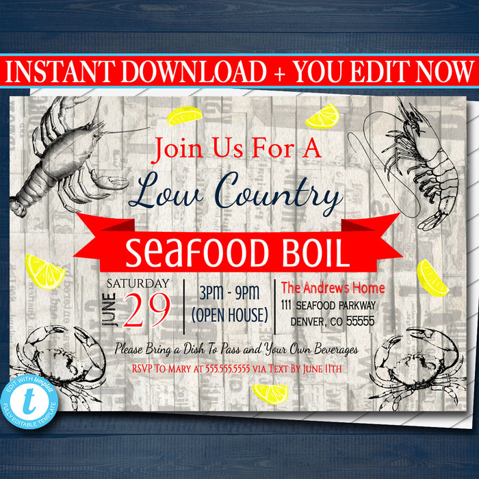 Seafood Boil Invitation, Low Country Company Picnic, Family Picnic BBQ, Shrimp Crawfish Boil, Barbecue Summer Backyard Crab Invite
