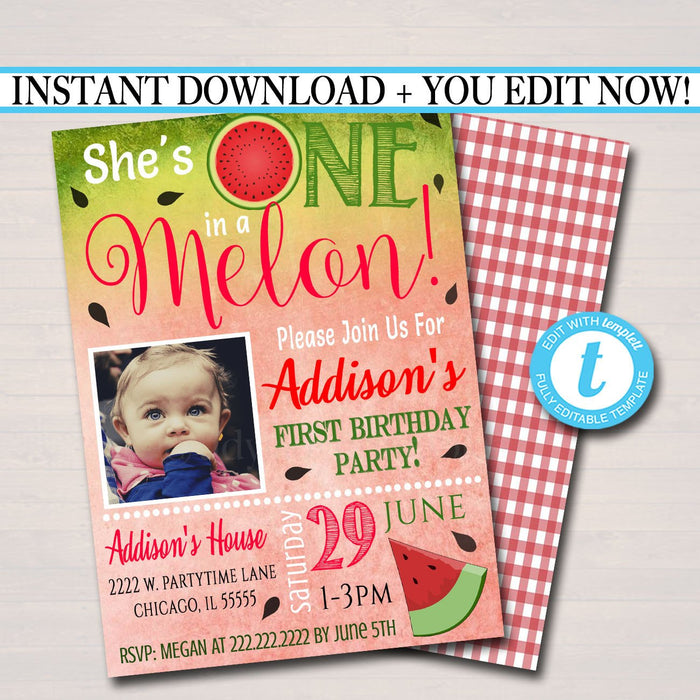 EDITABLE One in a Melon Party Birthday Invitation, Girls First Birthday 1 Year Old Party Digital Invite, Summer Party Theme INSTANT DOWNLOAD
