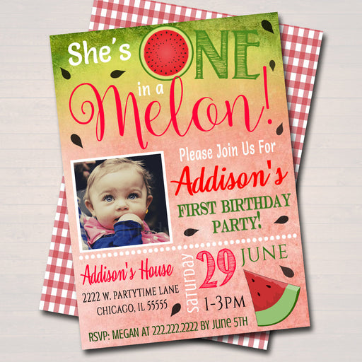 EDITABLE One in a Melon Party Birthday Invitation, Girls First Birthday 1 Year Old Party Digital Invite, Summer Party Theme INSTANT DOWNLOAD