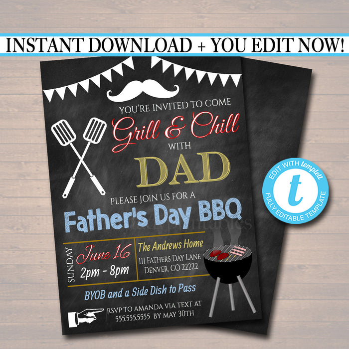 Father's Day BBQ Invitation Chalkboard Printable  Backyard Party Invite, Guy, Man Grill and Chill With Dad Barbecue Invite
