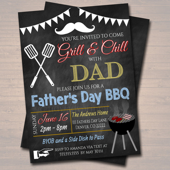 Father's Day BBQ Invitation Chalkboard Printable  Backyard Party Invite, Guy, Man Grill and Chill With Dad Barbecue Invite