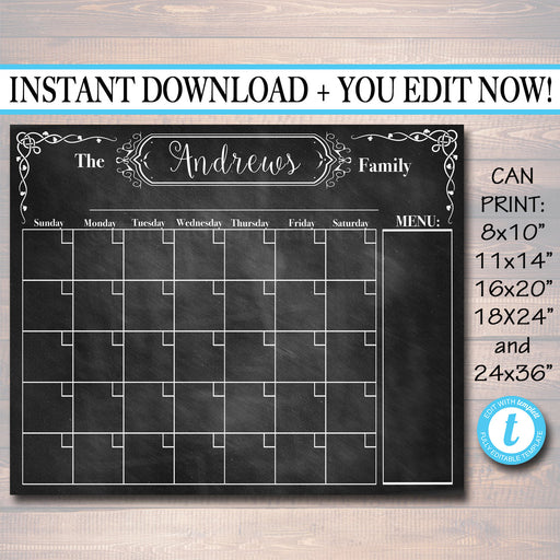 EDITABLE Printable Family Calendar Chalkboard Wall Art, Command Center, Family Schedule Organizer, Chalkboard Art Modern Home Decoration