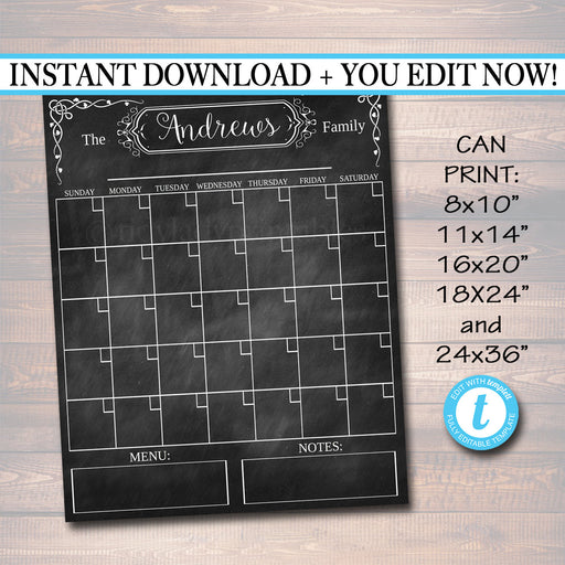 EDITABLE Printable Family Calendar Chalkboard Wall Art, Command Center, Family Schedule Organizer, Chalkboard Art Modern Home Decoration