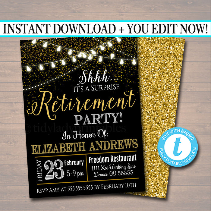 Surprise Retirement Invitation Black Gold Printable  Teacher, Nurse, Invite Retirement Party String Lights,