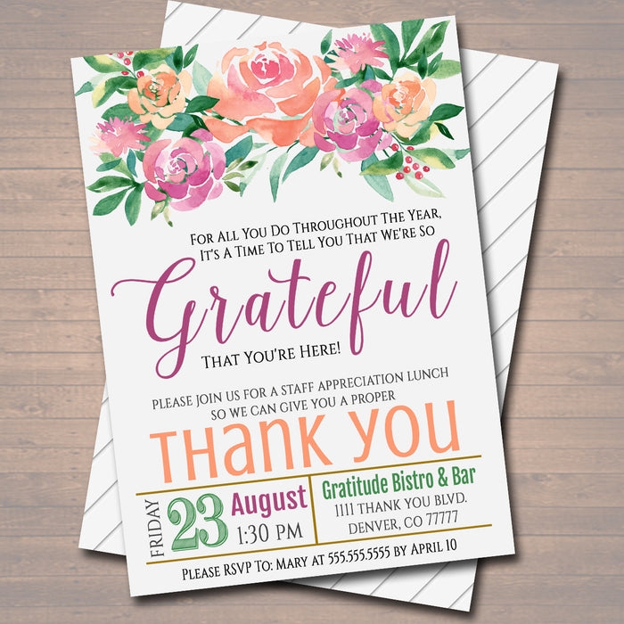 Editable Appreciation Invitation, Grateful For You Teacher Staff Invitation, Floral Printable, Boss Client Thank You, INSTANT DOWNLOAD