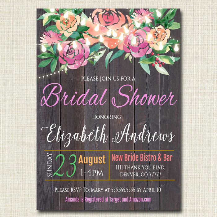 Rustic Floral Bridal Shower Invitation, String Party Lights Wedding Invite, Country Wood Engagement Party Wedding,