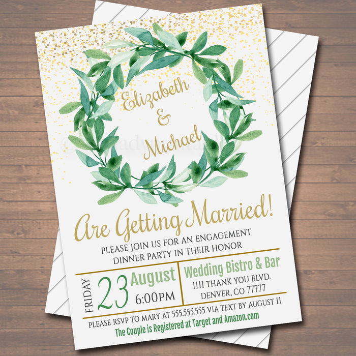 Engagement Party Invitation, Bridal Couples Shower Invite, Boho Wedding Watercolor Botanical Minimalist Greenery,