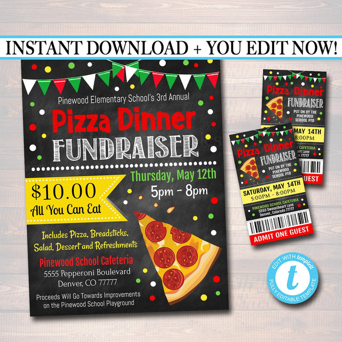 Pizza Dinner Fundraiser Flyer Ticket Set - Editable Template