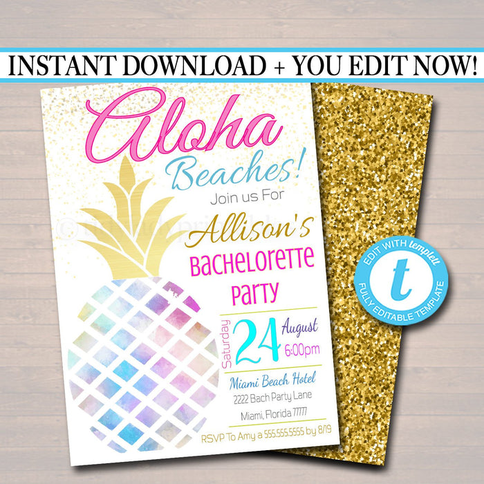 Beach Party Bachelorette Party Invitation, Glitter Gold Watercolor Pineapple Boho Chic Girls Weekend Aloha Beaches
