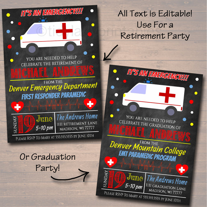 Paramedic EMT Graduation Invitation Chalkboard Printable  College Grad Invite, Retirement Party Ambulance Invite