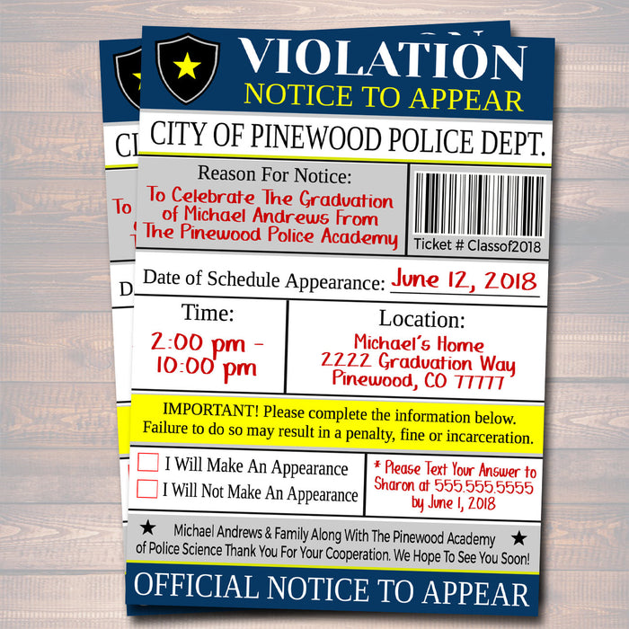 Police Academy Graduation Invitation Violation Ticket Printable  College Grad Invite, Retirement Party, Cop Detective Invite