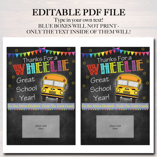 EDITABLE End of School Year Bus Driver Gift Card Holder, Printable Thank You Gift, Wheelie Great School's Out Bus Driver, INSTANT DOWNLOAD
