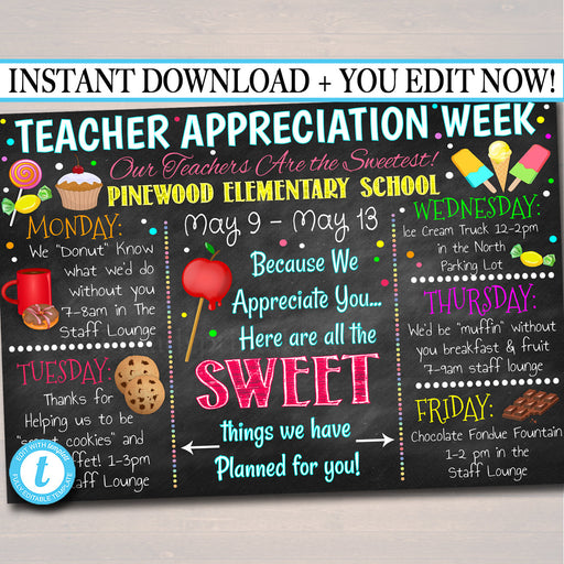 EDITABLE Candy Sweet Theme Teacher Appreciation Week, Itinerary Poster Digital Schedule Events INSTANT DOWNLOAD pto pta Fundraiser Printable