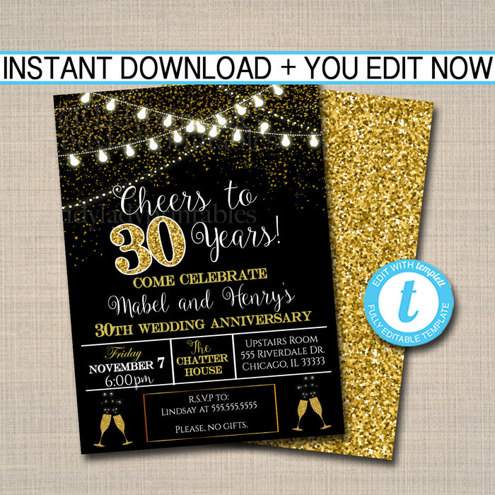 30th Party Invitation, Birthday Printable Cheers to Thirty Years,  30th Wedding Anniversary Invite, Black & Gold Party