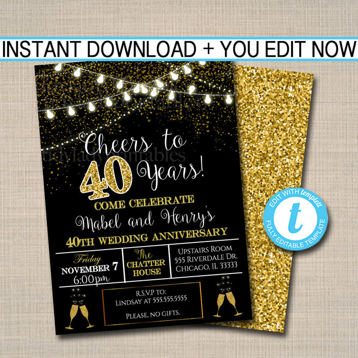 40th Party Invitation, Birthday Printable Cheers to Forty Years,  40th Wedding Anniversary Invite, Black & Gold Party