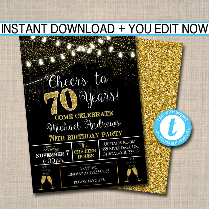 70th Party Invitation, Birthday Printable Cheers to Seventy Years,  70th Wedding Anniversary Invite, Black & Gold Party