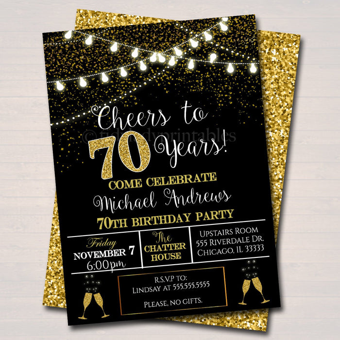 70th Party Invitation, Birthday Printable Cheers to Seventy Years,  70th Wedding Anniversary Invite, Black & Gold Party