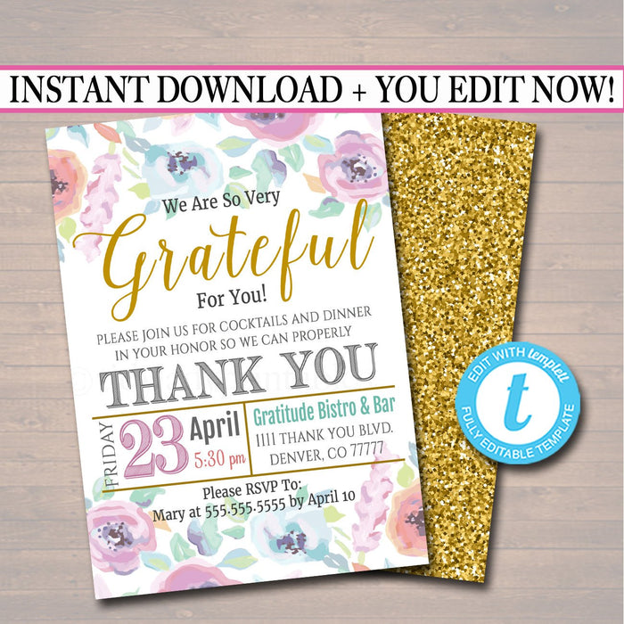 Appreciation Invitation, Grateful For You Teacher Staff Invitation, Floral Printable, Boss Client Thank You,