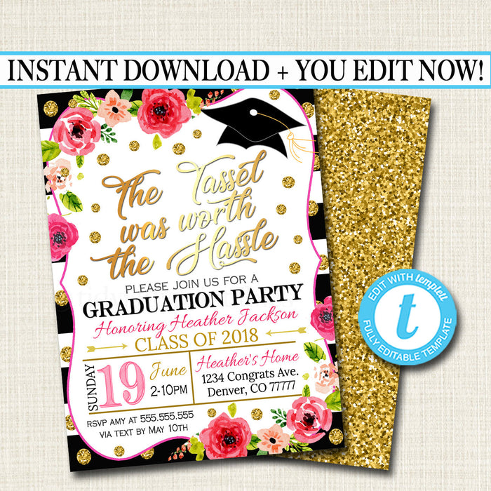 Graduation Invitation, Floral Printable, Woman Girl College Graduate Grad Party Invite High School Senior Graduate