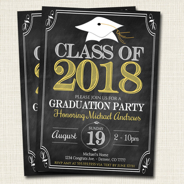 Graduation Invitation Custom School Colors Printable Faux Chalkboard College Grad Invite, Guy, Man Senior Grad Party  Invite