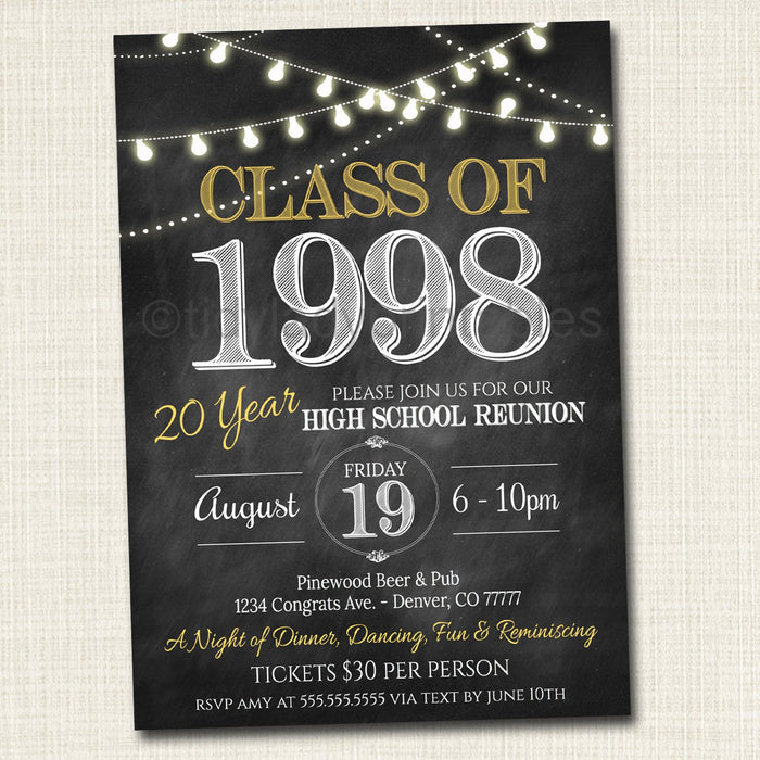 Reunion Invitation Template - Any Year!  College Reunion, High School Reunion Party Lights Faux chalkboard invite