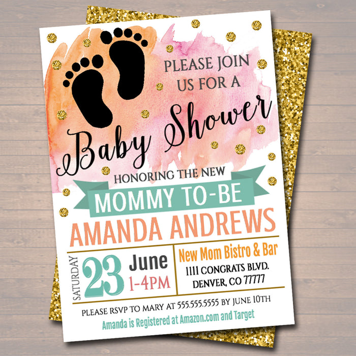 EDITABLE Baby Shower Invitation, Baby Sprinkle Party Invite, Watercolor Boho Chic Gold Glitter, Couples Shower, Brunch Baby INSTANT DOWNLOAD