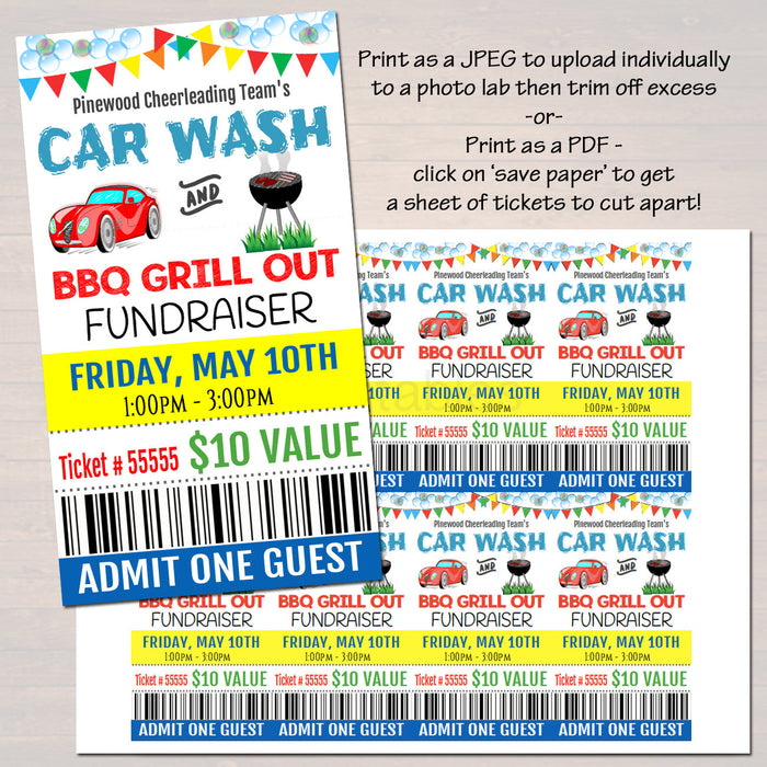 BBQ Grill Out & Car Wash Fundraiser Flyer Ticket Set - Editable Template