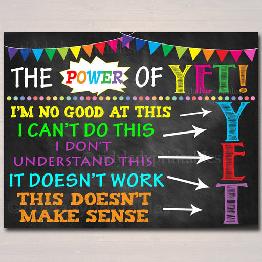The Power of Yet Printable Poster, Growth Mindset, INSTANT DOWNLOAD, Motivational Wall Art, School Office Classroom Decor Teacher Chalkboard